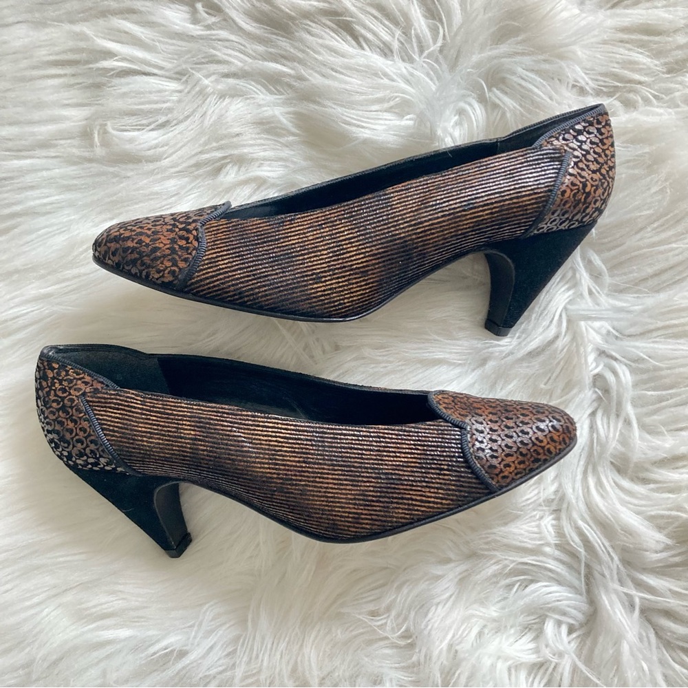Stuart Weitzman Vintage 80s Black and Brown Striped Suede Leather Heels Size 6.5